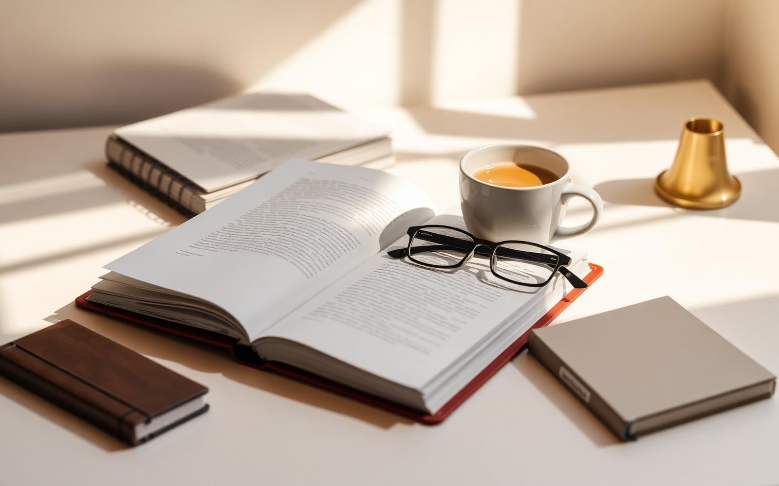 Livros de liderança, caderno e café sobre mesa clara