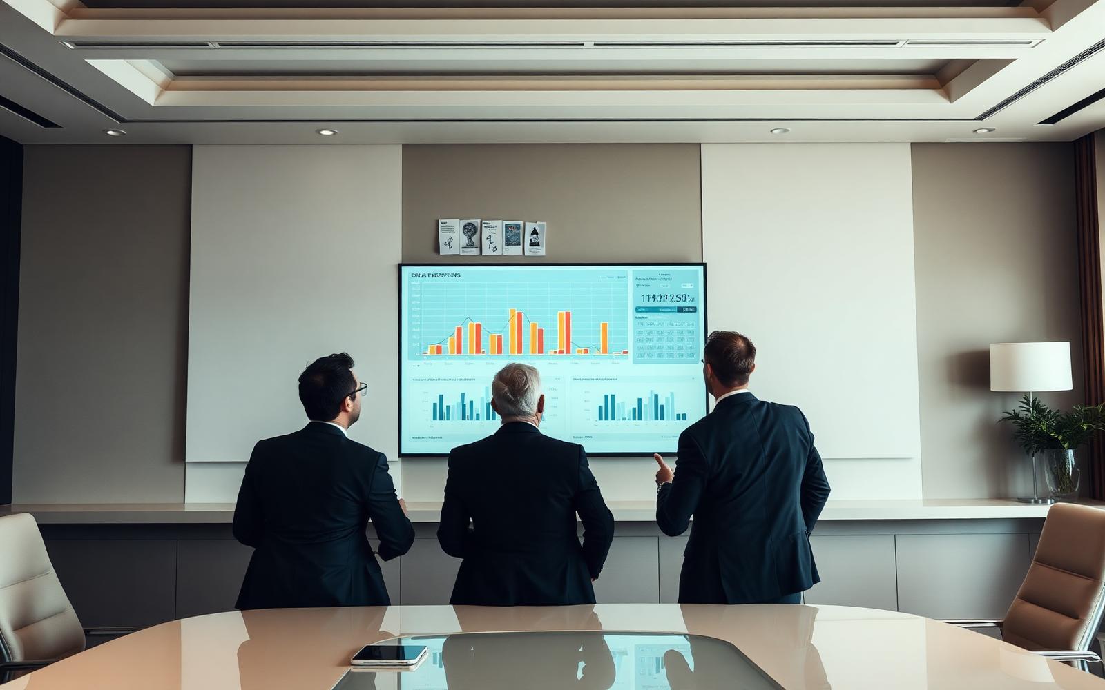 Executivos analisando indicadores de performance em sala de reunião